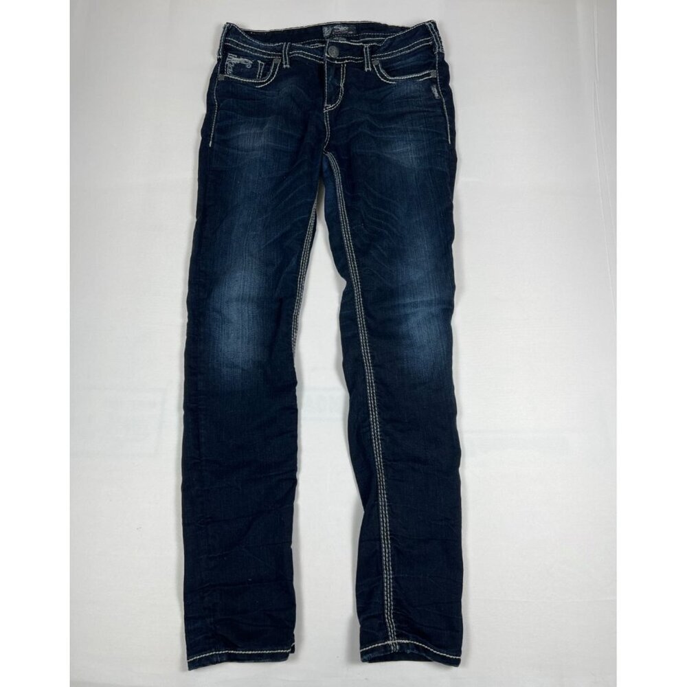 Silver Jeans Co Women’s 30 Suki Flap Super Skinny Dark Wash Denim Embroidered